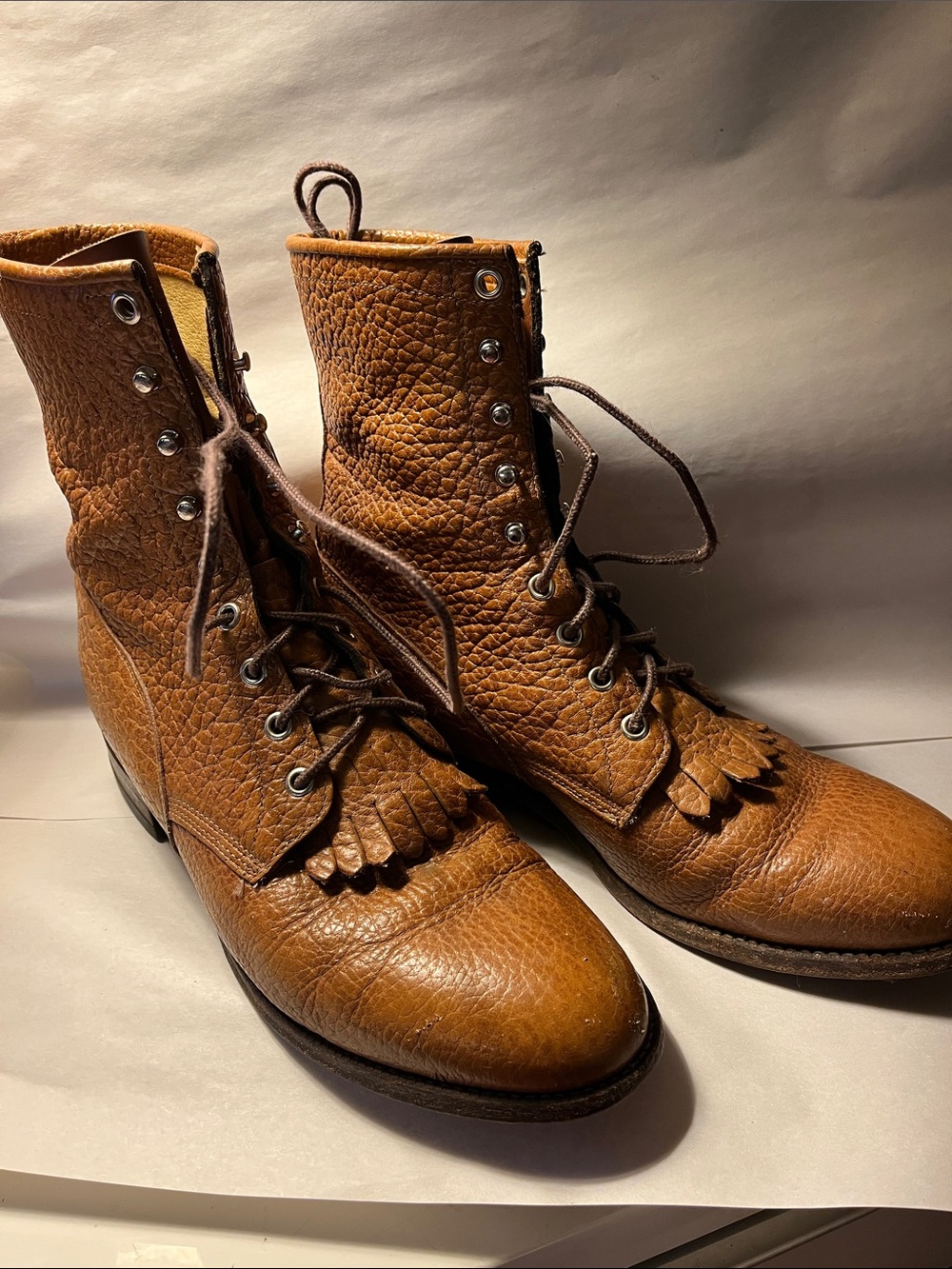Men's Chestnut Leather Lace-Up Justin Boots Kiltie Fringe Size 10D